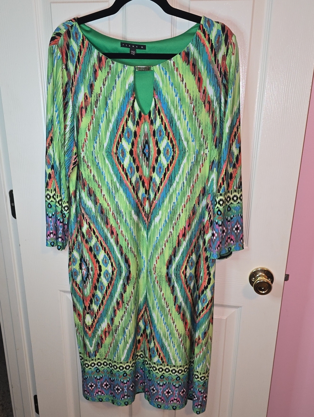 Tiana B. Green Multi-Pattern Long Sleeve Keyhole Dress